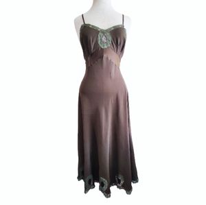 Vintage 1930-40s Vintage Bias Cut Silk/Lace Slip Dress  Brown/Sage Green Lace